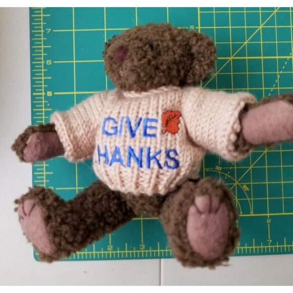 Give Thanks Teddy Bear Plush 5-Jointed Berkeley Designs 8” 1998 beige sweater - Picture 9 of 9